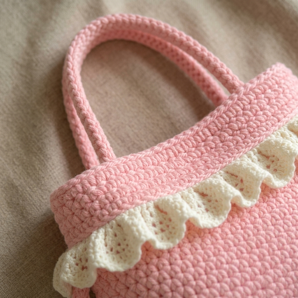Bolsita de crochet rosa con olanes blancos, la favorita